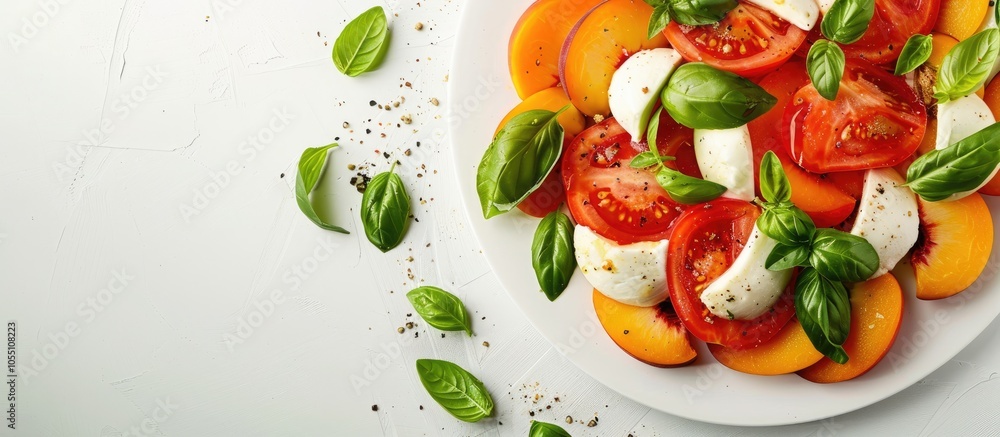 Poster caprese salad with peach basil and mozzarella on a white backdrop with copy space image