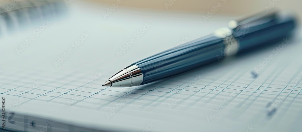 Poster a detailed close up of a ballpoint pen on a stylish notebook with copy space image in an office sett