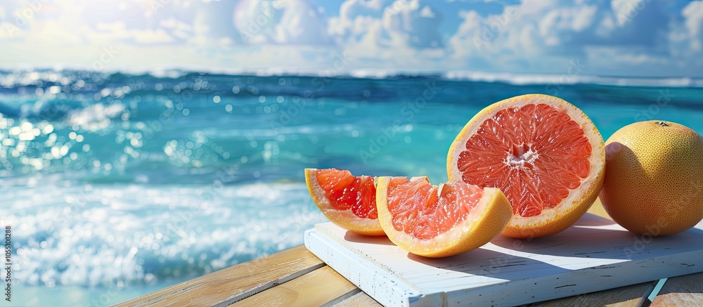 Poster sliced grapefruits on a white board with a tropical sea backdrop ideal for food and drink promotions