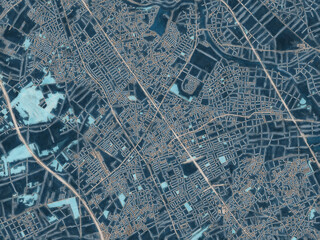 Painterly Style City Map of Kamifukuoka, Japan in a Blue Color Scheme.