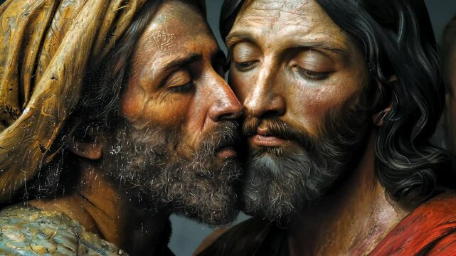 Judas kiss: symbolic moment of betrayal as Judas Iscariot identifies Jesus Christ with kiss, encapsulating the tension, deceit, pivotal turning point in the narrative of Christ path to crucifixion.