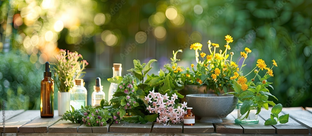 Poster various flowers mint essential oil bottles and a mortar and pestle arranged on a wooden outdoor tabl
