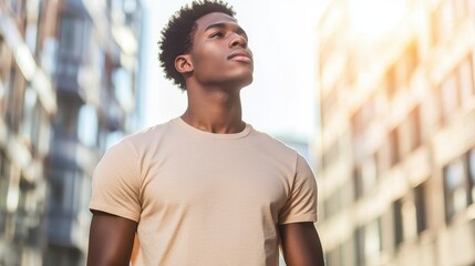 Fototapeta premium A young Black model stands confidently in a beige T-shirt, enjoying the sunny outdoor setting