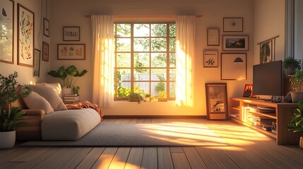 Fototapeta premium Bright and cozy living room bathed in natural light