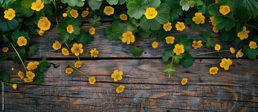 Poster top view of lovely celandine flowers arranged on a wooden surface with a designated area suitable fo