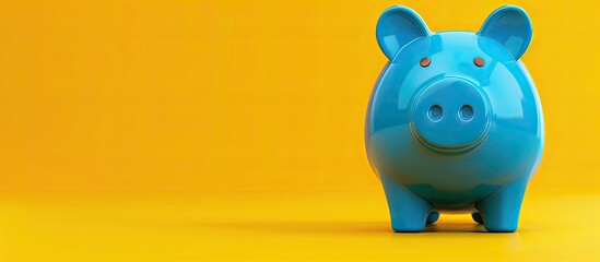 Close up of a charming blue piggy bank on a yellow backdrop with copy space perfect for saving money for your dreams featuring Turkish currency