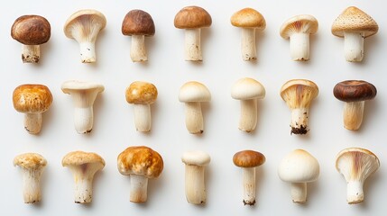 A collection of freshly picked Champignon mushrooms, displayed neatly in rows on a white background, showcasing natural variations in shape and color