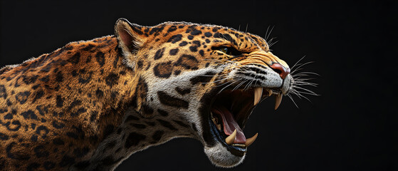Close up of a jaguar roaring with its mouth wide open, showing sharp teeth.