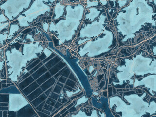 Painterly Style City Map of Kasaoka, Japan in a Blue Color Scheme.