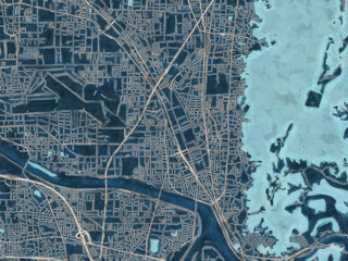 Painterly Style City Map of Kashihara, Japan in a Blue Color Scheme.