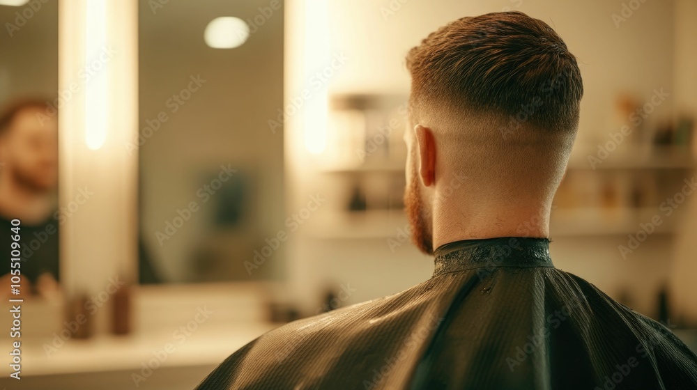 Poster portrait of a man getting a sleek and sharp buzz cut hairstyle in a modern minimalist barbershop set