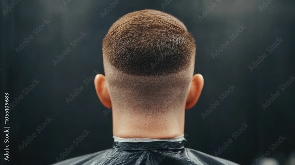 Poster close up shot of a man getting a precision buzz cut hairstyle performed by a skilled barber in a min