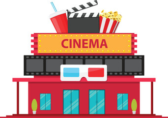 Cinema building in flat style, isolated on white background