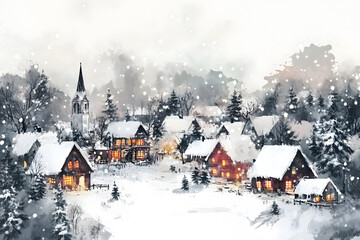 Fototapeta premium Watercolor hand draw Christmas illustration with house, tree and snow, isolated on white background. 