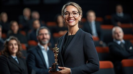 Smiling woman holding an award trophy in a formal event, surrounded by a professional audience.