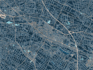 Painterly Style City Map of Kazo, Japan in a Blue Color Scheme.