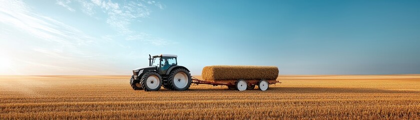 Tractor pulling a trailer through golden wheat fields under a bright blue sky.