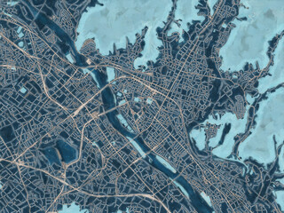 Painterly Style City Map of Kiryu, Japan in a Blue Color Scheme.