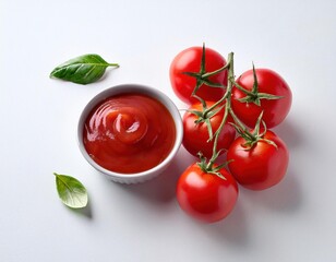 tomato sauce with tomatoes in background, ripe tomatoes and ketchup