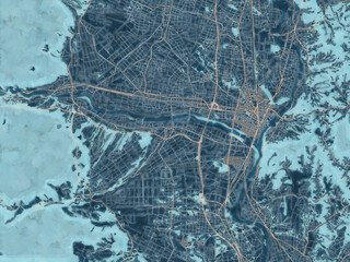 Painterly Style City Map of Kitakami, Japan in a Blue Color Scheme.