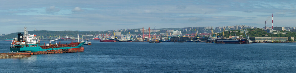 Naklejka premium Panorama of the Kola Bay on a summer day. Murmansk