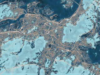 Painterly Style City Map of Kitakyushu, Japan in a Blue Color Scheme.