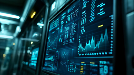 Obraz premium Close-up of a computer screen displaying data and graphs in a futuristic setting.