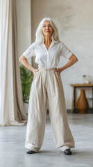 Elegant senior woman posing with hands on hips in modern apartment