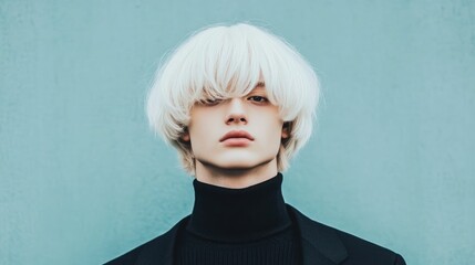 Stylish and Sophisticated Portrait of a Man Showcasing a Modern Platinum Blonde Hairstyle in a Minimal Studio Setting with Dramatic Lighting and Depth of Field