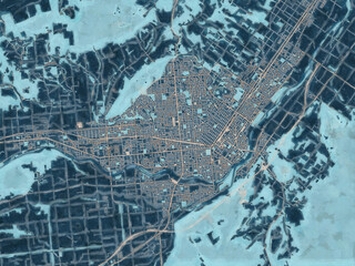 Painterly Style City Map of Kitami, Japan in a Blue Color Scheme.