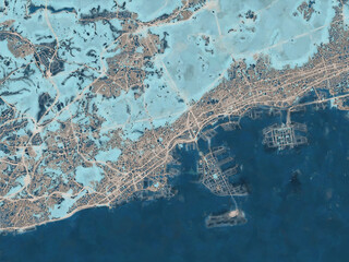 Painterly Style City Map of Kobe, Japan in a Blue Color Scheme.