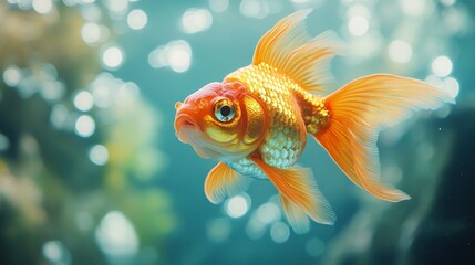 One goldfish, shining bright in a tank of silver fish, gliding confidently through the water as a symbol of self-expression and nonconformity. goldfish among silver fish