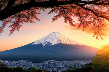 Snow-capped Mount Fuji, a majestic peak in Japan, stands tall against a vibrant autumnal landscape