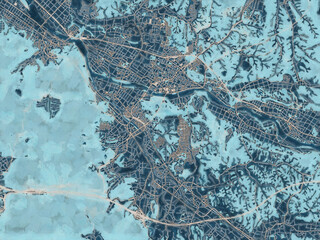 Painterly Style City Map of Koka, Japan in a Blue Color Scheme.