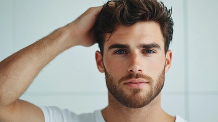 Obraz premium Portrait of a handsome stylish man with a textured natural looking hairstyle and a casual confident expression The image has a shallow depth of field