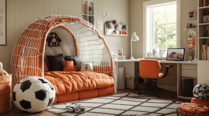 Obraz premium A boy's bedroom with a soccer net bed, a desk, and a soccer ball on the floor.