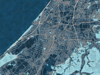 Painterly Style City Map of Komatsu, Japan in a Blue Color Scheme.