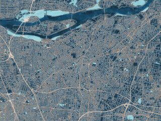 Painterly Style City Map of Konan, Japan in a Blue Color Scheme.