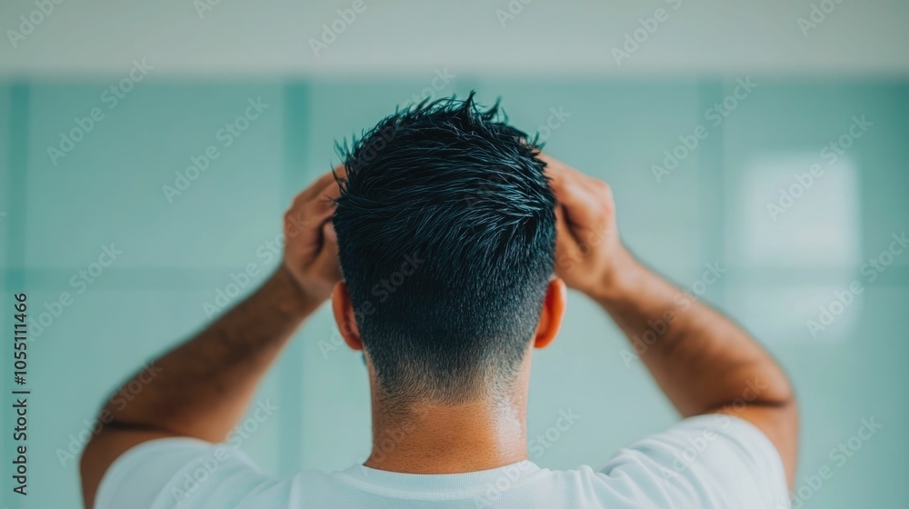 Poster Close up portrait of a man styling his hair with gel to create a spiked look reflected in a mirror with a deep depth of field and minimalist background