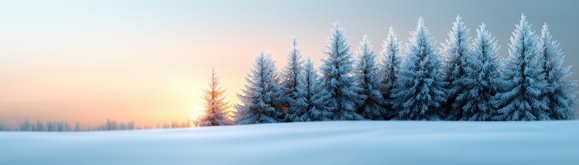 Fototapeta premium Snow-covered landscape with evergreen trees at sunset, creating a peaceful winter scene.