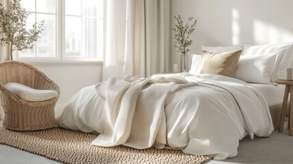 A bright and airy bedroom with a bed made with white linens and a wicker chair in the corner.