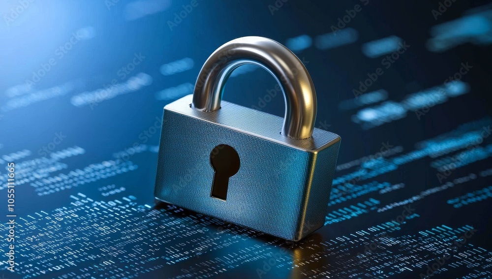 Poster digital security concept with blue glowing padlock on dark binary code background