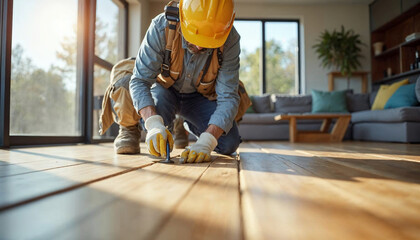 A focused worker installs a wooden floor, highlighting craftsmanship and construction safety.

