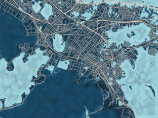 Painterly Style City Map of Kudamatsu, Japan in a Blue Color Scheme.