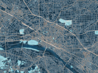 Painterly Style City Map of Kumagaya, Japan in a Blue Color Scheme.