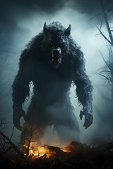 A feral man turning into a werewolf during the full moon