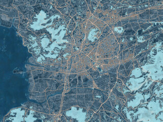 Painterly Style City Map of Kumamoto, Japan in a Blue Color Scheme.