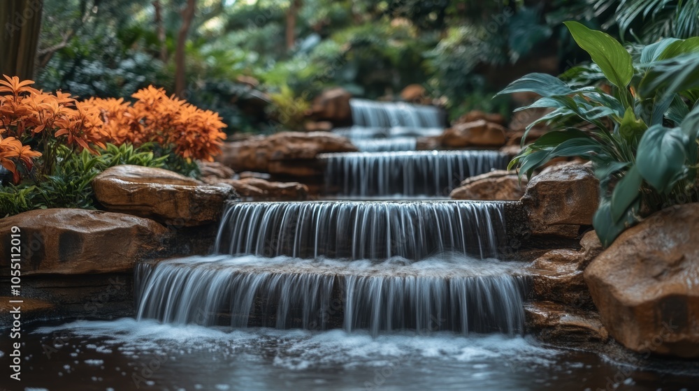 Poster a cascading waterfall flows over rocks in a lush garden setting.