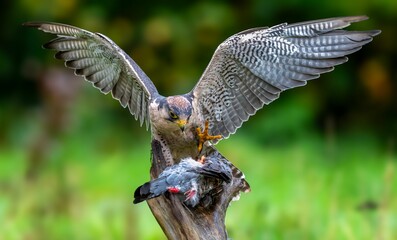 Hawk with wings spread wide perched on a branch with prey.