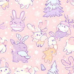 Seamless Pattern Whimsical Christmas and New Year Doodles  Featuring Festive Icons, Cozy Winter Scenes, and Seasonal Decorations in Vibrant Colors